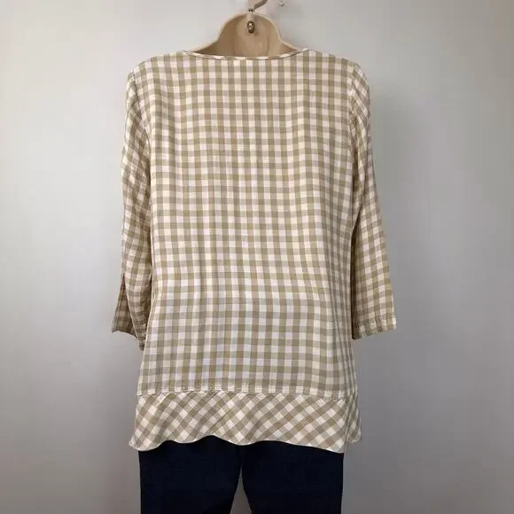 J.Jill tan and white gingham plaid long sleeve popover top - Picture 9 of 16